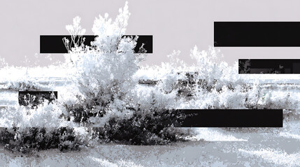Obraz premium Winter Landscape with Glitched Vegetation and Black Rectangles