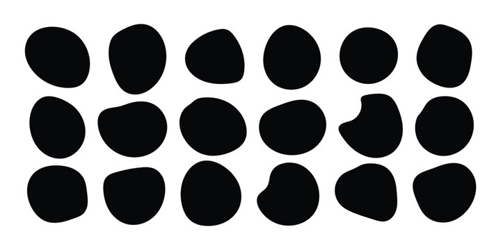 A collection of multiple black, irregular, organic circle shapes, suitable for modern graphic design elements and abstract backgrounds. Vector ser isolated on a transparent background.