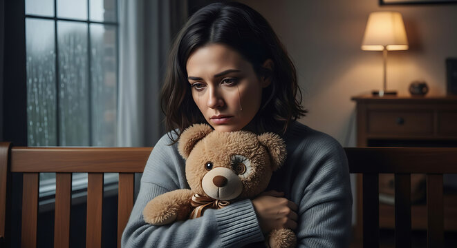 Femme m&eacute;lancolique et triste serrant tendrement un ours en peluche vintage contre elle pour trouver r&eacute;confort et consolation dans un moment de profonde solitude et de chagrin &eacute;motionnel intense.