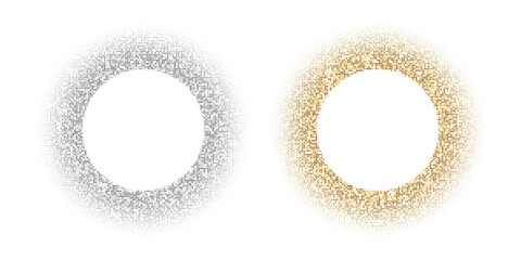 Set of two abstract vector circular frames made of halftone dots in monochrome and gold gradient, perfect for modern poster, background, layout and creative design.