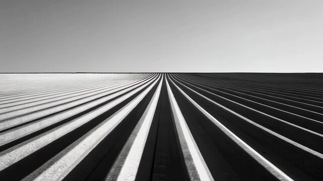 Monochrome Landscape Featuring Parallel Lines of Black and White Textures Intersecting at the Horizon in a Striking Minimalist Aesthetic