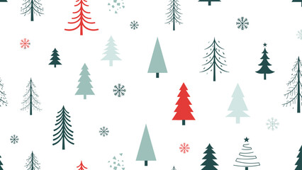 Obraz premium Winter seamless pattern with stylized evergreen trees and snowflakes in red and green colors on white background for holiday design.