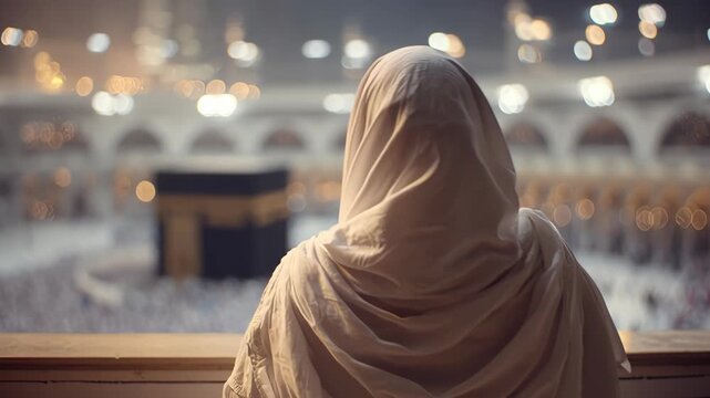 Islamic worshiper praying at the holy site during night with illuminated architecture in the background during ramadan ramadhan