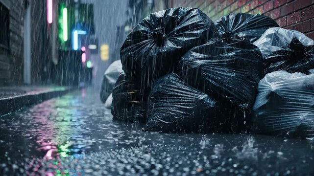 Ground-level static shot of rainy urban alleyway with piled trash bags. Neon lights reflecting in puddles on wet brick street. Melancholic night scene capturing city decay and solitude in persistent