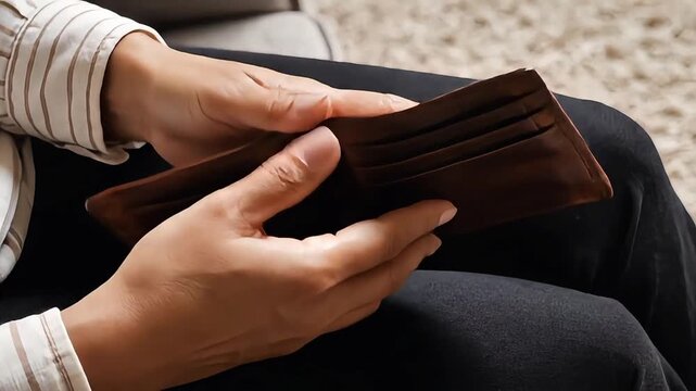 Person holding an empty brown leather wallet.