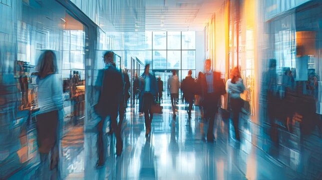 Abstract motion blur of business team in modern open office, energetic workplace scene representing teamwork and productivity