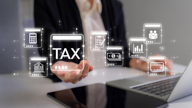 Businessperson manage online tax payment with virtual interface and financial icons for government tax return filing and corporate compliance tax payment fintech online filing