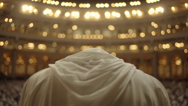 Indoor Prayer Scene with Worshiper in White Garment Facing a Brightly Lit Ceiling, Spiritual Atmosphere for Religious Reflection and Devotion during Ramadhan Ramadan