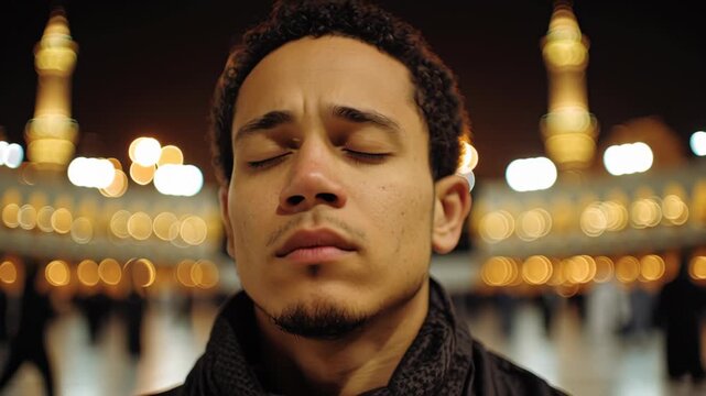 Young Man with Eyes Closed in Prayer or Reflection at Night with Illuminated Mosque or Religious Site in Background during Ramadhan Ramadan