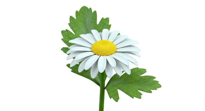 Close-up of a white daisy with green leaves against a white background