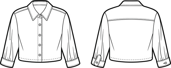 Front and back flat of a long-sleeved cropped button-up shirt with collar and cuffed sleeves in black and white