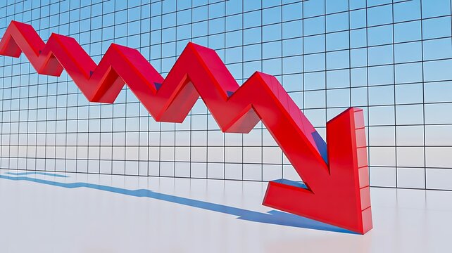Red downward arrow graph representing financial loss and market decline concept 
