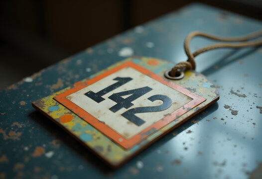 Vintage industrial tag with number 142 on distressed metal