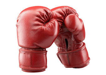 Two red boxing gloves, stacked, shiny leather, sporty athletic equipment