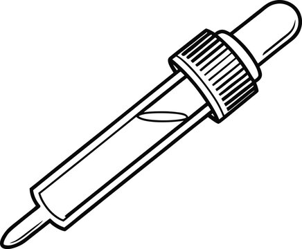 Black and white of a dropper with a threaded cap and a pointed tip pipette laboratory
