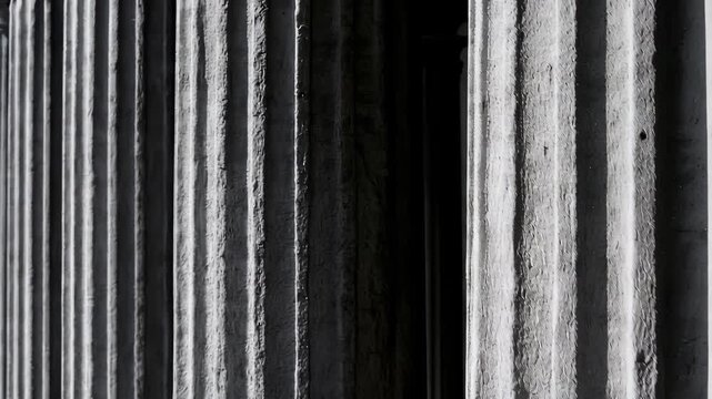 Close-Up View of Textured Stone Columns with Dramatic Shadows and Intricate Details in Monochrome Light