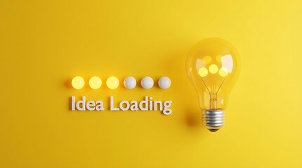 A creative concept of a light bulb with the text 'idea loading' on a bright yellow background representing innovation and inspiration