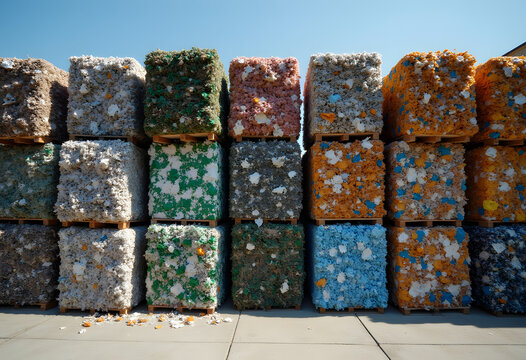 Compressed bales of colorful foam for recycling outdoors