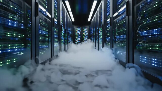 Futuristic dolly shot moving through server room corridor. Blue-lit data center hall with rising ground fog. High-tech infrastructure and digital technology visualization concept.