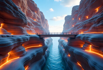 Futuristic canyon landscape with glowing lava cracks and bridge