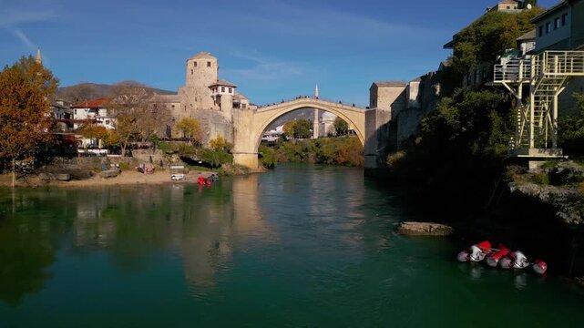 Bridge in Mostar, Bosnia, panorama - 4K aerial drone view