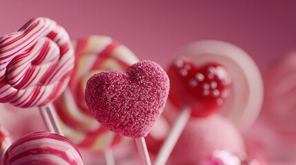 Obraz premium A close-up view of various pink and red heart-shaped lollipops on a pink background for Valentine's Day
