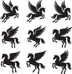 Obraz premium set of black winged horse silhouettes on white background