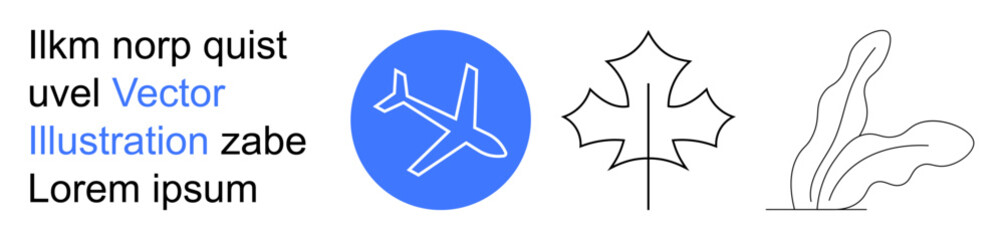 Fototapeta premium Travel, nature, graphic design, aviation, minimalism, concepts. Blue airplane symbol, maple leaf outline and plant sketch. Travel and nature for diverse creative projects