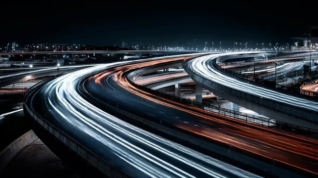 Dynamic Highway Interchange Illuminated By Vibrant Light Trails At Night Showcasing Curves And City Skyline In Motion