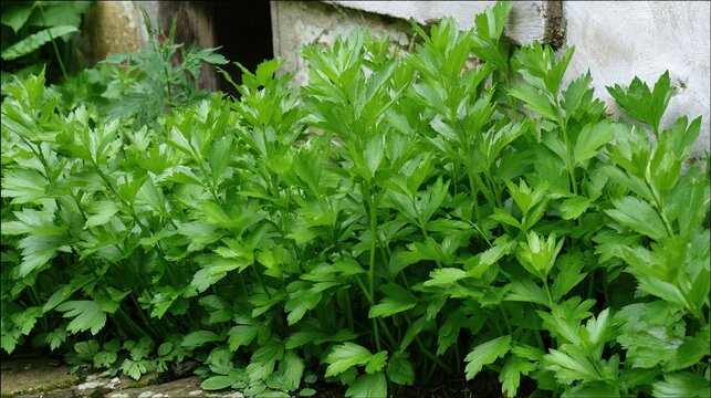 lovage. A cluster of tall, vibrant green lovage plants thriving in a cottage garden. gardening catalogs, home-decor guides, designed for home decor and floral branding, used by researchers.