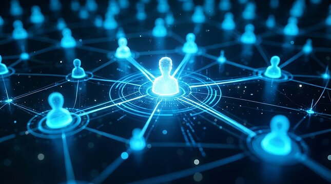 A glowing blue network of interconnected nodes and lines representing a complex system or digital communication