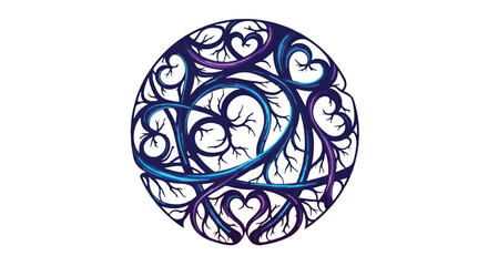 Intricate circular design with interwoven hearts and organic patterns in cool blue and purple tones.