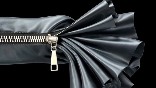 Zipper with black fabric ruffles displayed on a black background during a product presentation in a studio setting
