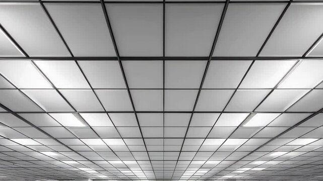 Modern Minimalist Ceiling Design Featuring Grid Pattern and Bright Illumination in an Expansive Interior Space