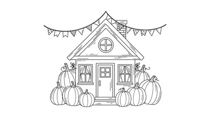 Fototapeta premium A cozy autumn scene coloring page with a small house decorated with a flag banner and surrounded by many pumpkins for harvest.