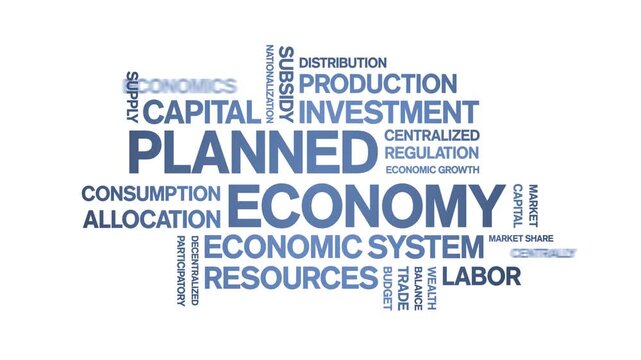 Planned Economy animated word cloud-text design animation tag kinetic typography seamless loop.