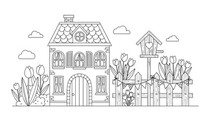 Obraz premium A charming spring-themed coloring page with a two-story house, a fence with a birdhouse, and blooming tulips in the front garden.