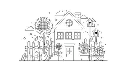 Naklejka premium A simple and modern line art coloring page of a cozy house with a garden, sunflowers, birdhouses, and various gardening tools.