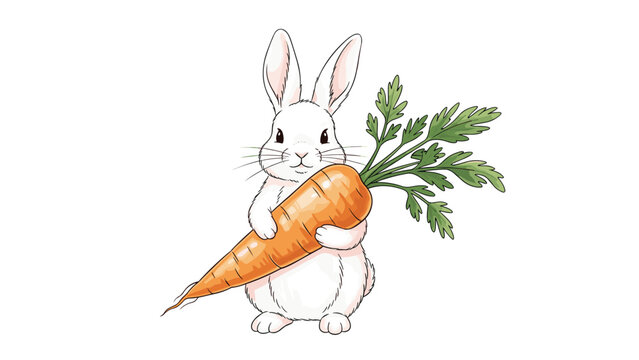 A charming watercolor-style illustration of a fluffy white bunny rabbit standing and holding a large orange carrot with greens.