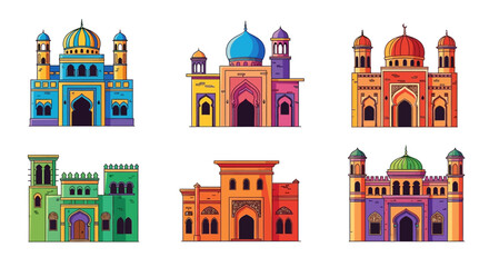 Vibrant illustrations of colorful mosques and buildings