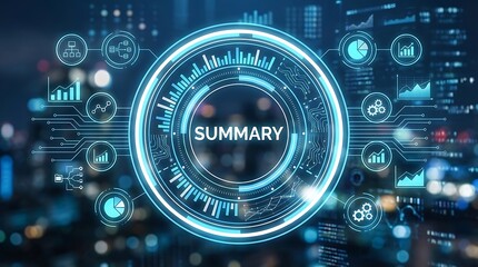 A futuristic digital summary interface with glowing blue circuits and various data visualization icons on a dark background with blurred lights