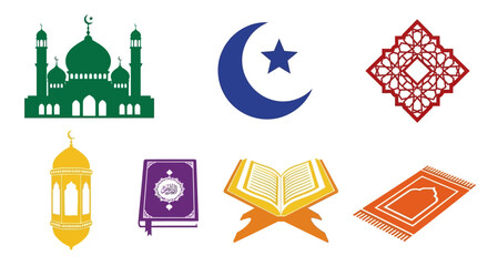 Vibrant Islamic symbols and mosque icons for cultural projects