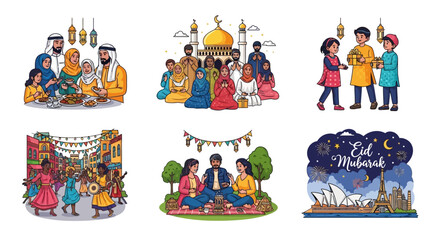 Vibrant Eid Mubarak celebrations around the world with diverse cultural scenes