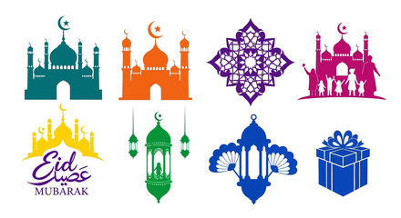 Vibrant Eid Mubarak icons and mosque silhouettes for festive designs