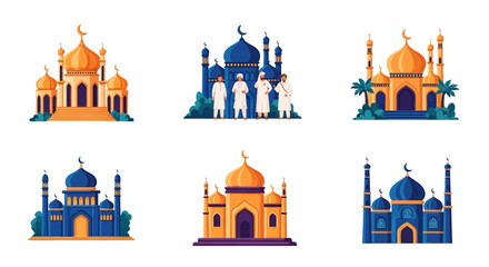 Vibrant mosques with domes and minarets in orange and blue hues