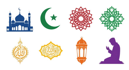 Vibrant Islamic symbols and mosque architecture for cultural projects
