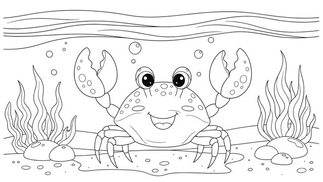 A fun coloring page for kids featuring a happy cartoon crab with big claws, sitting on the sandy seabed with seaweed around.