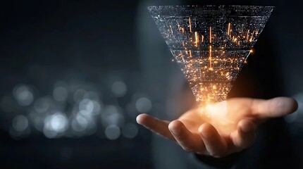 A hand cradling a glowing digital network with a dark background and bokeh lights