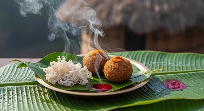 Bihu Cultural Festival Traditional Pitha and Laroo Food on Banana Leaf 
