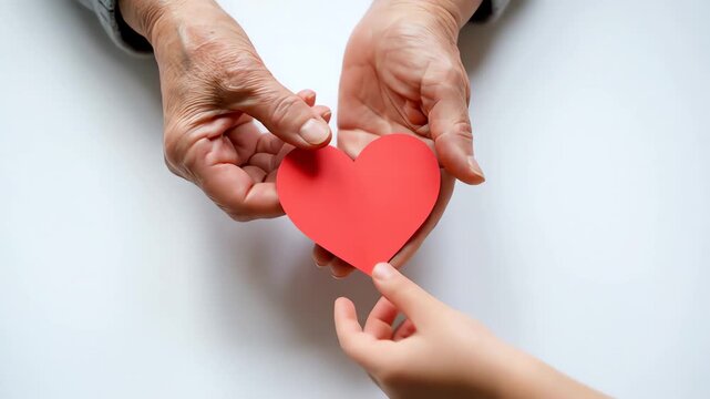 Generational Love Older Hands Giving Red Heart to Childs Hands on White Background Sharing Support